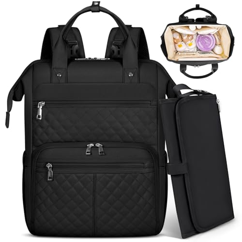 RAINSMORE Baby Wickelrucksack Groß mit Mobiler Wickelauflage Multifunktions Wickeltasche Kinderwagen Rucksack Wasserabweisend Babytasche Diaper Bag für Mama und Papa Schwarz von RAINSMORE