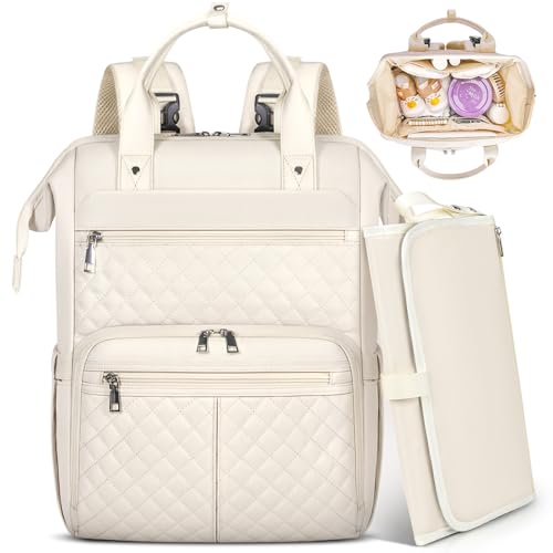 RAINSMORE Baby Wickelrucksack Groß mit Mobiler Wickelauflage Multifunktions Wickeltasche Kinderwagen Rucksack Wasserabweisend Babytasche Diaper Bag für Mama und Papa Weiß von RAINSMORE