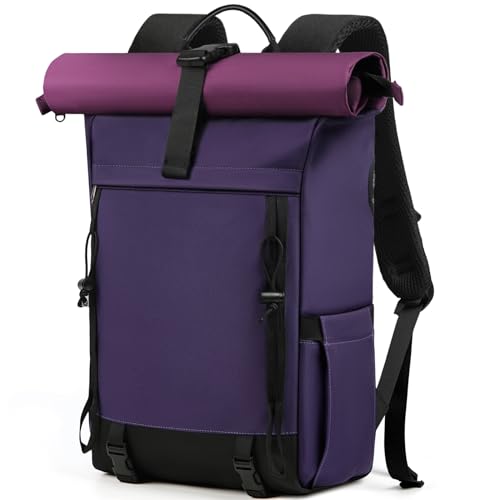 RAINSMORE Rolltop Rucksack Damen Herren, Rucksack Wasserdicht, Laptop Rucksack 17 Zoll Groß Reiserucksack Daypacks Backpack Wanderrucksack Lila von RAINSMORE