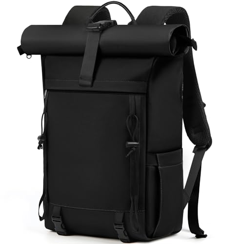 RAINSMORE Rolltop Rucksack Damen Herren, Rucksack Wasserdicht, Laptop Rucksack 17 Zoll Groß Reiserucksack Daypacks Backpack Wanderrucksack Schwarz von RAINSMORE