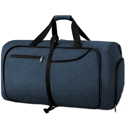 RAINSMORE Faltbare Reisetasche Groß 65L Leichte Sporttasche mit Schuhfach für Herren Damen Reisetaschen Handgepäck Tasche Weekender Saunatasche Blau von RAINSMORE