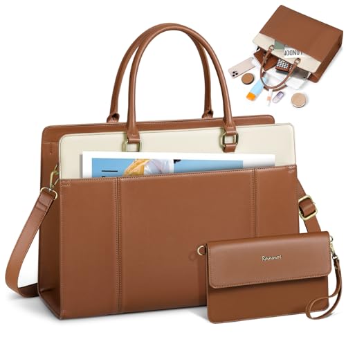 RAINSMORE Handtasche Damen Groß PU Leder Arbeitstasche Elegant Laptoptasche 15,6 Zoll Shopper Tasche mit Clutch Aktentasche Business Uni Tasche Lehrertasche Braun von RAINSMORE