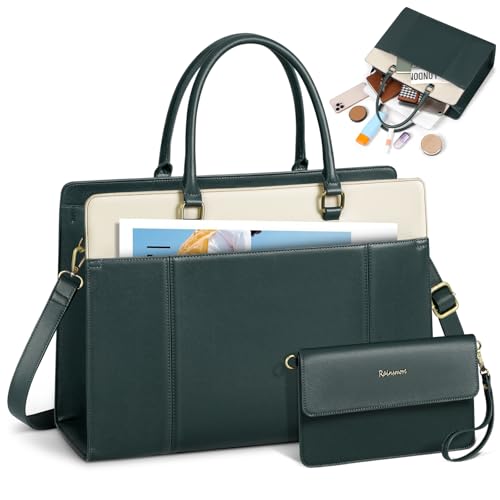 RAINSMORE Handtasche Damen Groß PU Leder Arbeitstasche Elegant Laptoptasche 15,6 Zoll Shopper Tasche mit Clutch Aktentasche Business Uni Tasche Lehrertasche Grün von RAINSMORE