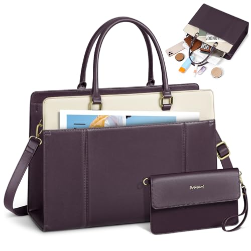 RAINSMORE Handtasche Damen Groß PU Leder Arbeitstasche Elegant Laptoptasche 15,6 Zoll Shopper Tasche mit Clutch Aktentasche Business Uni Tasche Lehrertasche Lila von RAINSMORE