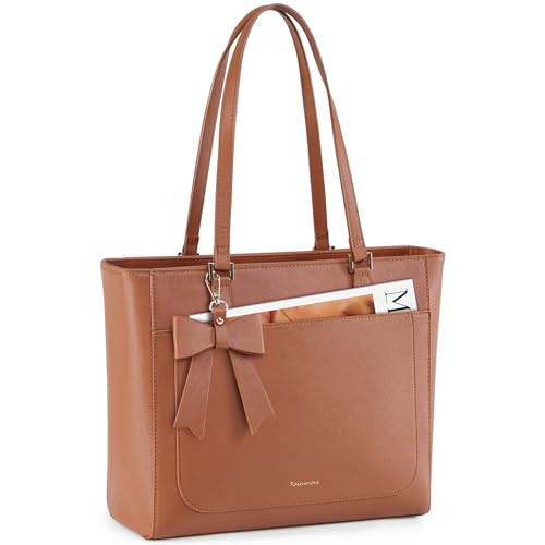 RAINSMORE Handtasche Damen Groß Shopper Business Tasche Damen Wasserdichte Leder Tote Bag Mittelgroß Arbeitstasche Henkeltasche Umhängetasche Schultertasche Braun von RAINSMORE