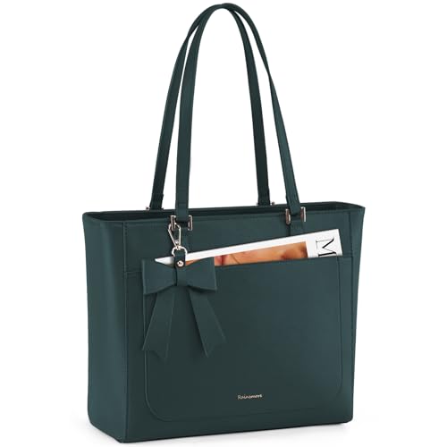 RAINSMORE Handtasche Damen Groß Shopper Business Tasche Damen Wasserdichte Leder Tote Bag Mittelgroß Arbeitstasche Henkeltasche Umhängetasche Schultertasche Grün von RAINSMORE