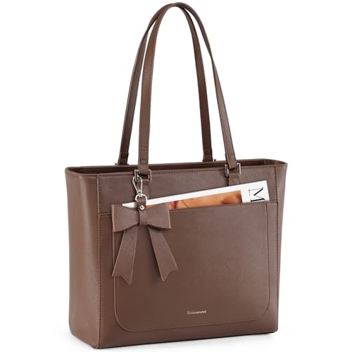 RAINSMORE Handtasche Damen Groß Shopper Business Tasche Damen Wasserdichte Leder Tote Bag Mittelgroß Arbeitstasche Henkeltasche Umhängetasche Schultertasche Kaffee von RAINSMORE