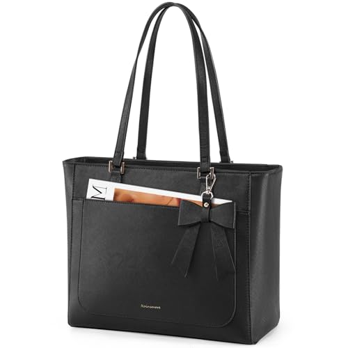 RAINSMORE Handtasche Damen Groß Shopper Business Tasche Damen Wasserdichte Leder Tote Bag Mittelgroß Arbeitstasche Henkeltasche Umhängetasche Schultertasche Schwarz von RAINSMORE