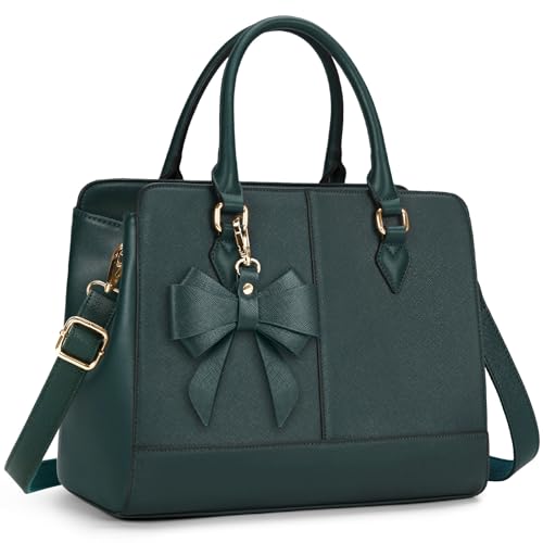 RAINSMORE Handtasche Damen Mittelgroß PU Leder Tasche Damen Henkeltaschen Damenhandtasche Damentaschen Tote Bag Schultertaschen Shopper 13 Zoll Dunkelgrün von RAINSMORE