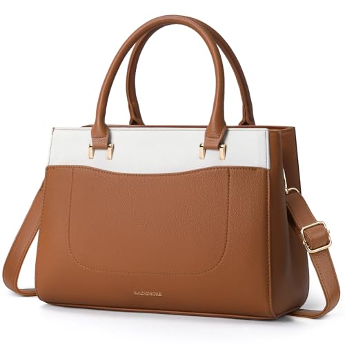 RAINSMORE Handtasche Damen Mittelgroß Tasche Damen Leder Damenhandtaschen Klein Schultertaschen Wasserdicht Umhängetasche Henkeltasche für Damen Braun und weiß von RAINSMORE