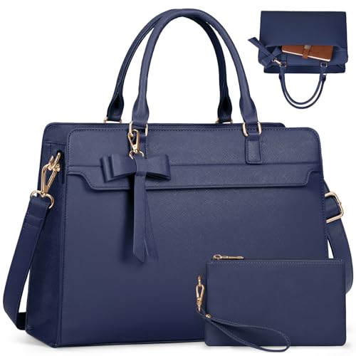 RAINSMORE Handtasche Damen Shopper Damen Groß 15.6 Zoll Laptoptasche Damen Wasserdicht PU Leder Arbeitstasche Umhängetasche mit Geldbörse 2-teiliges Set für Business Arbeit Schule Blau von RAINSMORE