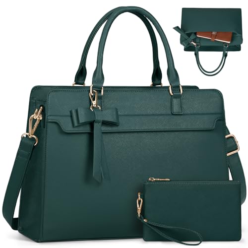 RAINSMORE Handtasche Damen Shopper Damen Groß 15.6 Zoll Laptoptasche Damen Wasserdicht PU Leder Arbeitstasche Umhängetasche mit Geldbörse 2-teiliges Set für Business Arbeit Schule Grün von RAINSMORE