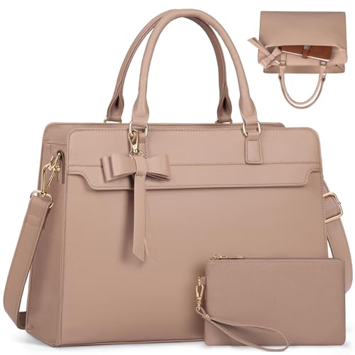 RAINSMORE Handtasche Damen Shopper Damen Groß 15.6 Zoll Laptoptasche Damen Wasserdicht PU Leder Arbeitstasche Umhängetasche mit Geldbörse 2-teiliges Set für Business Arbeit Schule Khaki von RAINSMORE
