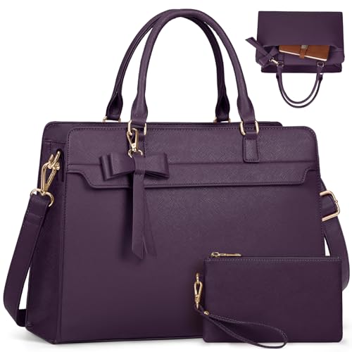 RAINSMORE Handtasche Damen Shopper Damen Groß 15.6 Zoll Laptoptasche Damen Wasserdicht PU Leder Arbeitstasche Umhängetasche mit Geldbörse 2-teiliges Set für Business Arbeit Schule Lila von RAINSMORE