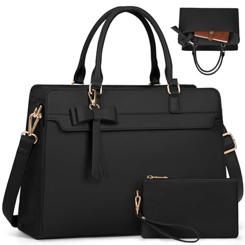 RAINSMORE Handtasche Damen Shopper Damen Groß 15.6 Zoll Laptoptasche Damen Wasserdicht PU Leder Arbeitstasche Umhängetasche mit Geldbörse 2-teiliges Set für Business Arbeit Schule Schwarz von RAINSMORE