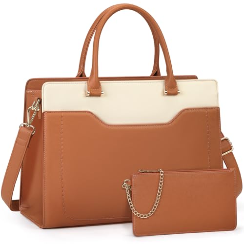 RAINSMORE Shopper Damen Groß Laptop Handtasche Damen 15.6 Zol PU Leder Arbeitstasche Lehrertasche Wasserdicht Laptoptasche mit Geldbörse für Business Büro Schule Braun+Weiß von RAINSMORE