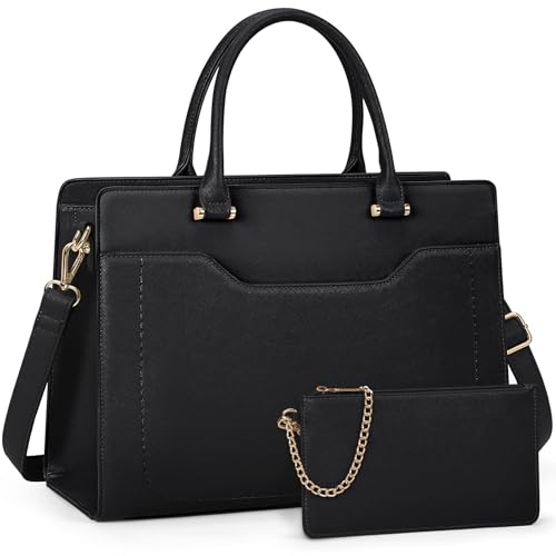 RAINSMORE Shopper Damen Groß Laptop Handtasche Damen 15.6 Zol PU Leder Arbeitstasche Lehrertasche Wasserdicht Laptoptasche mit Geldbörse für Business Büro Schule Schwarz von RAINSMORE