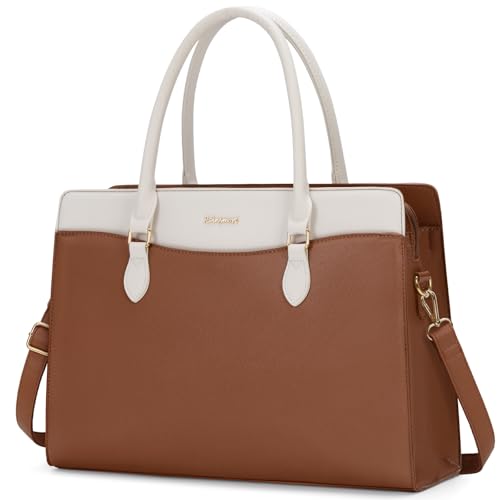 RAINSMORE Handtasche Damen Shopper Tasche Damen Groß Arbeitstasche Laptoptasche Damen 15.6 Zoll PU Leder Wasserdicht Aktentasche für Business Arbeit Braun und Weiß von RAINSMORE