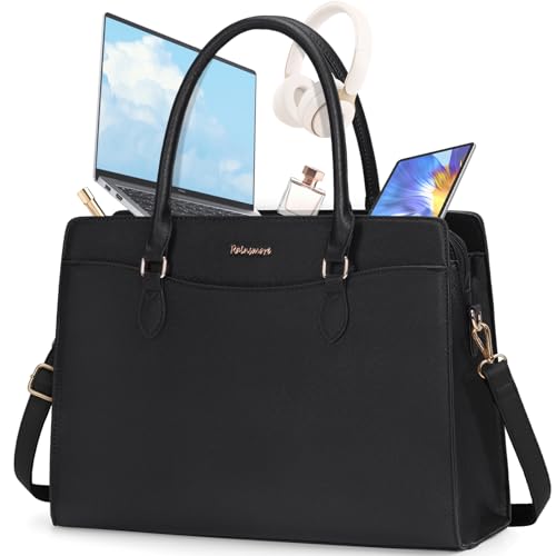 RAINSMORE Handtasche Damen Shopper Tasche Damen Groß Arbeitstasche Laptoptasche Damen 15.6 Zoll PU Leder Wasserdicht Aktentasche für Business Arbeit Schwarz von RAINSMORE