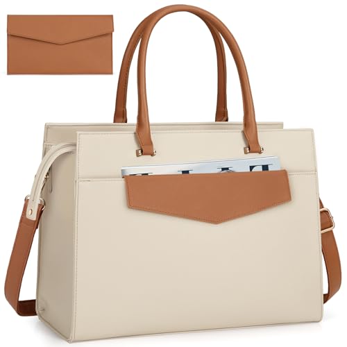 RAINSMORE Handtasche Damen Umhängetasche 2 in 1 Shopper Damen 15.6 Zoll Groß PU Leder Laptoptasche Damen Wasserdicht Arbeitstasche für Business Büro Schule Beige und Braun von RAINSMORE
