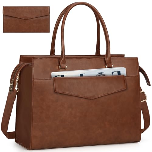 RAINSMORE Damen Handtasche 2 in 1 Shopper 15.6 Zoll Groß PU Leder Laptoptasche Wasserdicht Arbeitstasche für Business Büro Schule Vintage-Braun von RAINSMORE