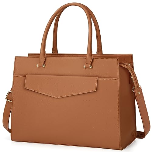 RAINSMORE Handtasche Damen Umhängetasche Shopper Damen Groß PU Leder Wasserdicht Laptoptasche Damen 15.6 Zoll Arbeitstasche für Business Arbeit Büro Schule Braun von RAINSMORE