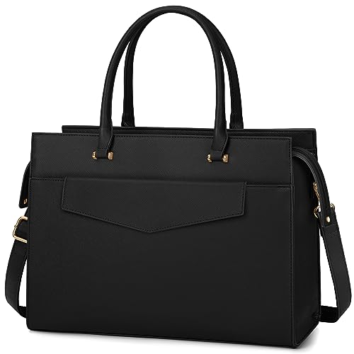 RAINSMORE Handtasche Damen Umhängetasche 2 in 1 Shopper Damen 15.6 Zoll Groß PU Leder Laptoptasche Damen Wasserdicht Arbeitstasche für Business Büro Schule Schwarz von RAINSMORE