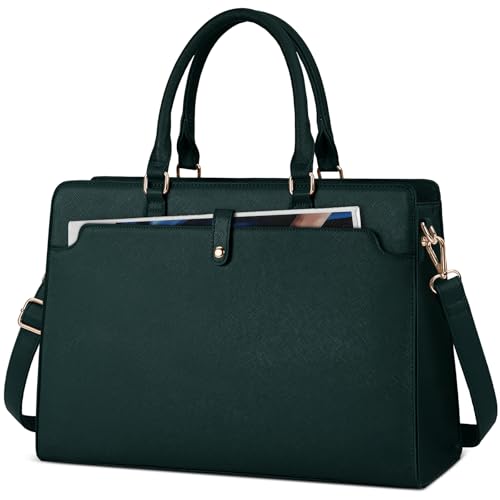 RAINSMORE Laptoptasche Damen 15.6 Zoll Handtasche Damen Groß PU Leder Shopper Damen Business Taschen Wasserdicht Arbeitstasche Aktentasche für Business Arbeit Dunkelgrün von RAINSMORE