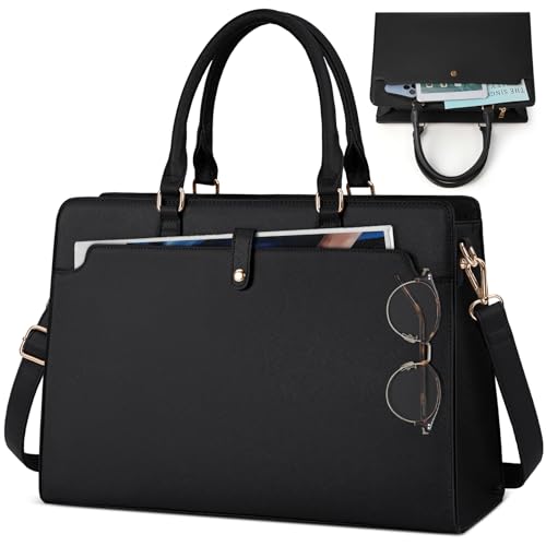 RAINSMORE Laptoptasche Damen 15.6 Zoll Handtasche Damen Groß PU Leder Shopper Damen Business Taschen Wasserdicht Arbeitstasche Aktentasche Business Arbeit Schwarz von RAINSMORE