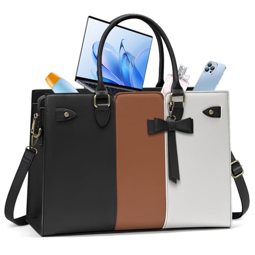 RAINSMORE Laptoptasche Damen PU Leder Handtasche Groβ Arbeitstasche Damen Aktentasche Shopper Tasche Umhängetasche 15.6 Zoll Schwarz mit Weiß und Braun von RAINSMORE