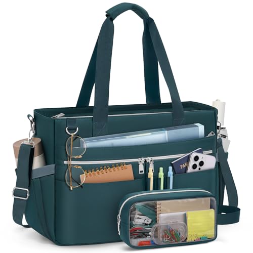 RAINSMORE Lehrertasche Damen 15,6 Zoll Laptoptasche Groß Arbeitstasche mit Isolierter Tasche Wasserabweisende Handtasche Shopper Tasche für Arbeit Büro Uni Reisen Business Dunkelgrün von RAINSMORE