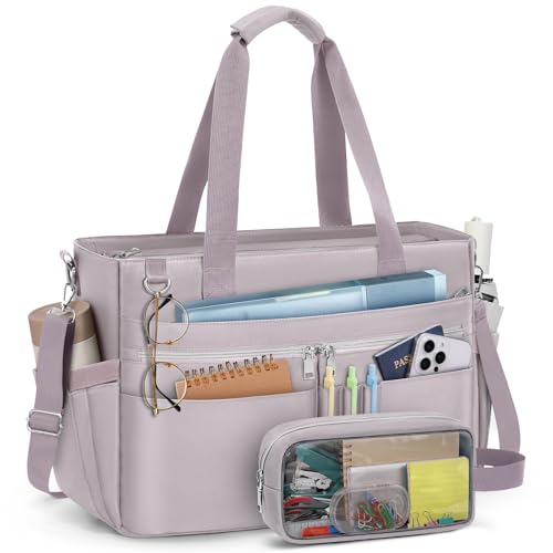 RAINSMORE Lehrertasche Damen 15,6 Zoll Laptoptasche Groß Arbeitstasche mit Isolierter Tasche Wasserabweisende Handtasche Shopper Tasche für Arbeit Büro Uni Reisen Business Graurosa von RAINSMORE
