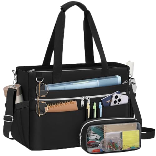 RAINSMORE Lehrertasche Damen 15,6 Zoll Laptoptasche Groß Arbeitstasche mit Isolierter Tasche Wasserabweisende Handtasche Shopper Tasche für Arbeit Büro Uni Reisen Business Schwarz von RAINSMORE