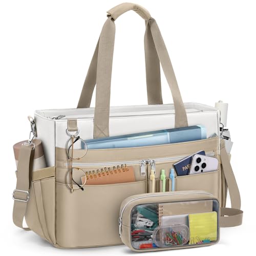 RAINSMORE Lehrertasche Damen 15,6 Zoll Laptoptasche Groß Arbeitstasche mit Isolierter Tasche Wasserabweisende Handtasche Shopper Tasche für Arbeit Büro Uni Reisen Business Weiß und Khaki von RAINSMORE