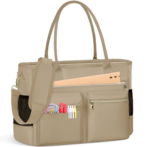 RAINSMORE Lehrertasche Damen Groß Laptoptasche 15.6 Zoll Arbeitstasche mit Isolierter Tasche Uni Krankenschwester Tasche für Arbeit Schule Büro Business Universität Khaki von RAINSMORE