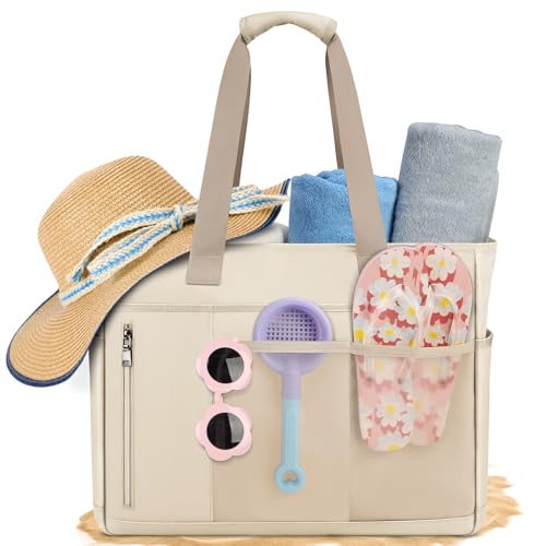 RAINSMORE Strandtasche XXL Familie Badetasche mit Reißverschluss Strandtasche Groß Damen Wasserdicht Mesh Beach Bag 40L Shopper Damen Schwimmtasche für Strand Reisen Khaki von RAINSMORE