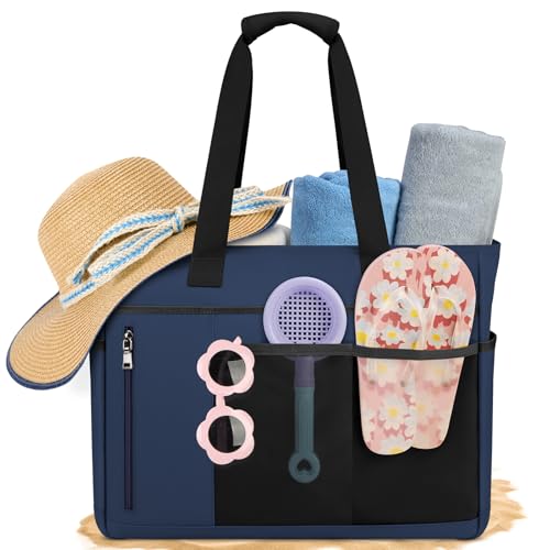 RAINSMORE Strandtasche XXL Familie Badetasche mit Reißverschluss Strandtasche Groß Damen Wasserdicht Mesh Beach Bag 40L Shopper Damen Schwimmtasche für Strand Reisen Navy von RAINSMORE