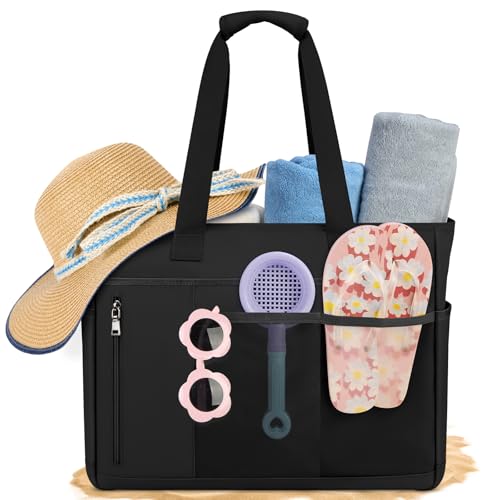 RAINSMORE Strandtasche XXL Familie Badetasche mit Reißverschluss Strandtasche Groß Damen Wasserdicht Mesh Beach Bag 40L Shopper Damen Schwimmtasche für Strand Reisen Schwarz von RAINSMORE