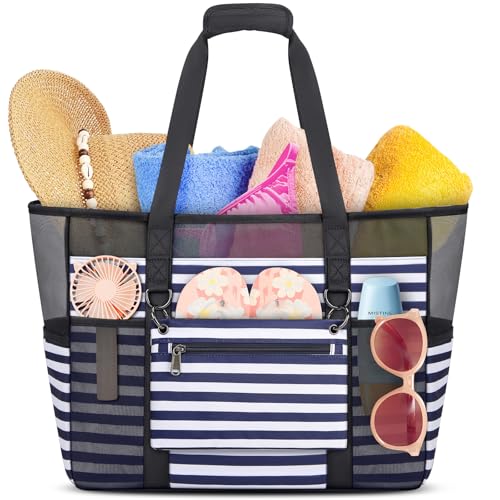 RAINSMORE Mesh strandtasche xxl familie mit reißverschluss Große badetasche Shopper Damen Wasserdicht Beach Bag für Strand Pool Fitnessstudio Reisen Blau&Weiß von RAINSMORE