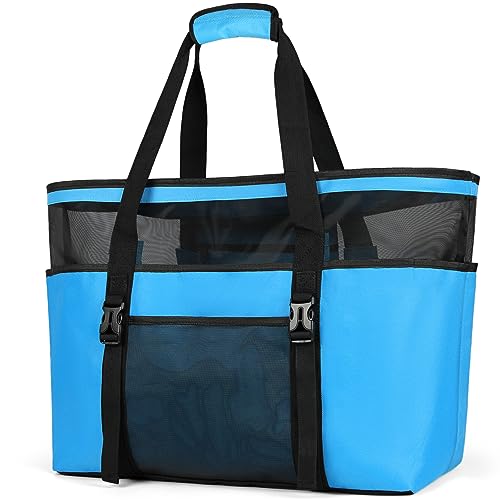 RAINSMORE Strandtasche XXL Familie mit Reißverschluss Badetasche Damen Groß Leicht Mesh Beach Bag Wasserdicht Faltbare Schultertaschen für Strand Reise Picknick Blau von RAINSMORE