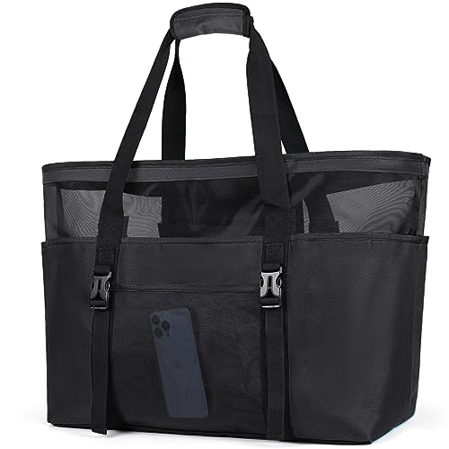 RAINSMORE Strandtasche XXL Familie mit Reißverschluss Badetasche Damen Groß Leicht Mesh Beach Bag Wasserdicht Faltbare Schultertaschen für Strand Reise Picknick Schwarz von RAINSMORE