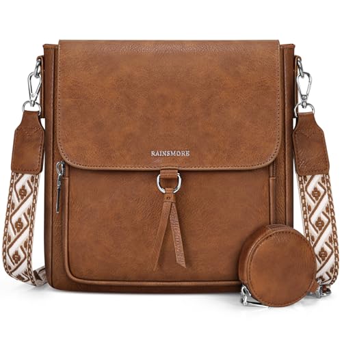 RAINSMORE Umhängetasche Damen Mittelgroß Handtasche Damen Crossbody Bag Leder PU Schultertasche Damen-umhängetaschen mit Breiten Schultergurten von RAINSMORE