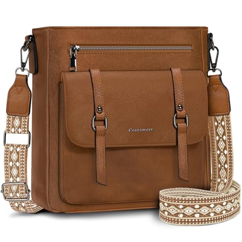 RAINSMORE Umhängetasche Damen Mittelgroß Handtasche Damen Leder Crossbody Bag Damen-Umhängetaschen Schultertasche Handtaschen Damenhandtasche mit Breiten Schultergurten Braun von RAINSMORE
