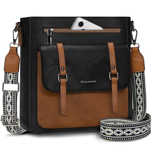 RAINSMORE Umhängetasche Damen Mittelgroß Handtasche Damen Leder Crossbody Bag Damen-Umhängetaschen Schultertasche Handtaschen Damenhandtasche mit Breiten Schultergurten Schwarz und Braun von RAINSMORE