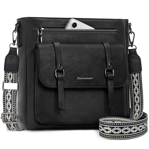 RAINSMORE Umhängetasche Damen Mittelgroß Handtasche Damen Leder Crossbody Bag Damen-Umhängetaschen Schultertasche Handtaschen Damenhandtasche mit Breiten Schultergurten Schwarz von RAINSMORE