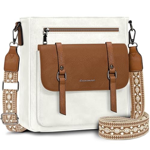 RAINSMORE Umhängetasche Damen Mittelgroß Handtasche Damen Leder Crossbody Bag Damen-Umhängetaschen Schultertasche Handtaschen Damenhandtasche mit Breiten Schultergurten Weiß und Braun von RAINSMORE
