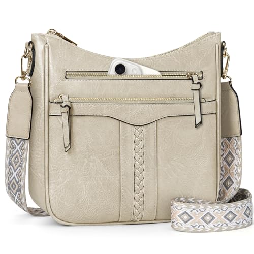 RAINSMORE Umhängetasche Damen PU Leder Crossbody Bag Mittelgroß Damen-Umhängetaschen mit Breiter Gurt Verstellbar Abnehmbar Schultergur Beige von RAINSMORE