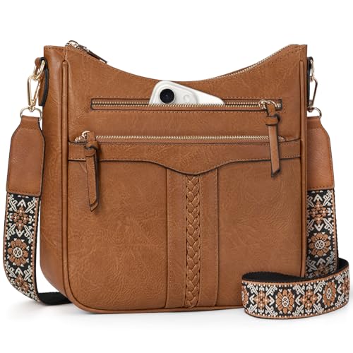 RAINSMORE Umhängetasche Damen PU Leder Crossbody Bag Mittelgroß Damen-Umhängetaschen mit Breiter Gurt Verstellbar Abnehmbar Schultergur Braun von RAINSMORE