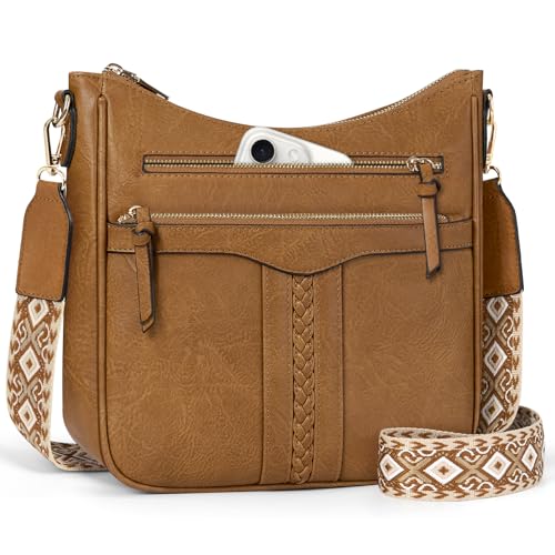 RAINSMORE Umhängetasche Damen PU Leder Crossbody Bag Mittelgroß Damen-Umhängetaschen mit Breiter Gurt Verstellbar Abnehmbar Schultergur Hellbraun von RAINSMORE