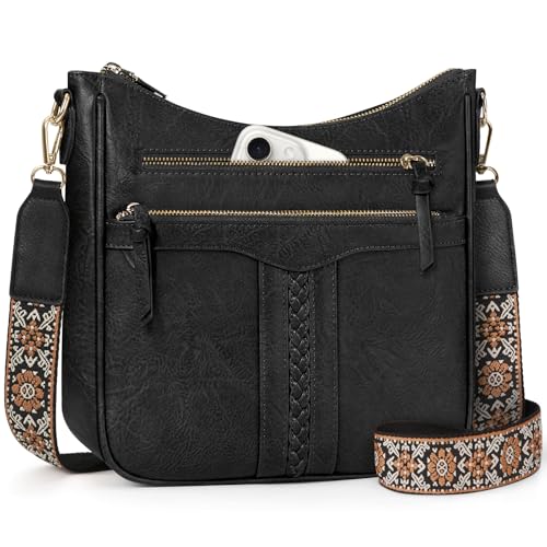 RAINSMORE Umhängetasche Damen PU Leder Crossbody Bag Mittelgroß Damen-Umhängetaschen mit Breiter Gurt Verstellbar Abnehmbar Schultergur Schwarz von RAINSMORE
